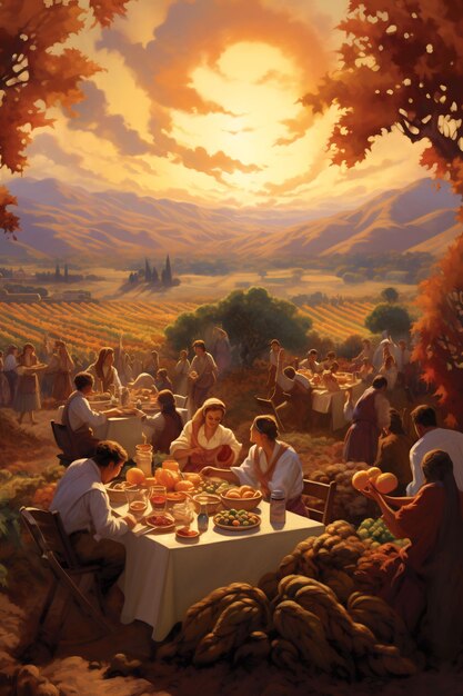 une peinture de personnes mangeant de la nourriture dans un paysage avec des montagnes en arrière-plan
