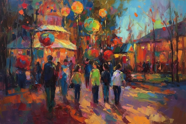 Une peinture de personnes marchant dans une rue avec un magasin en arrière-plan.