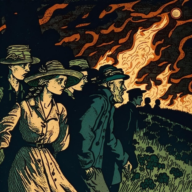 Une peinture de personnes marchant devant un feu avec les mots "feu" dessus