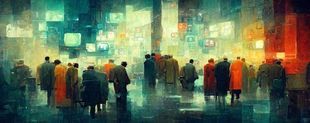 Une peinture de personnes regardant un écran d'ordinateur.