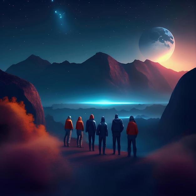 Une peinture de personnes regardant une montagne et la lune est éclairée.