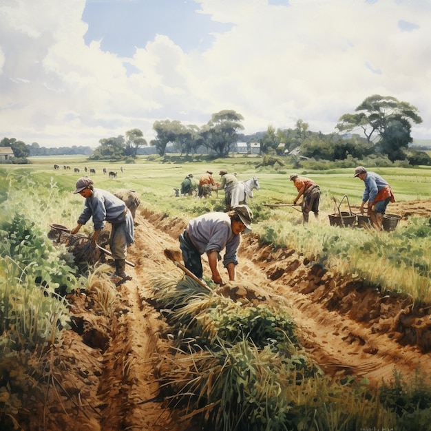 une peinture de personnes travaillant dans un champ avec quelques autres personnes.