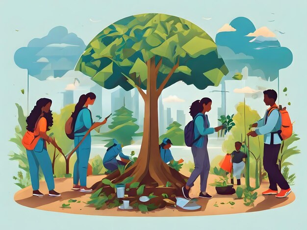 une peinture de personnes travaillant dans un parc plantant des plantes et des arbres