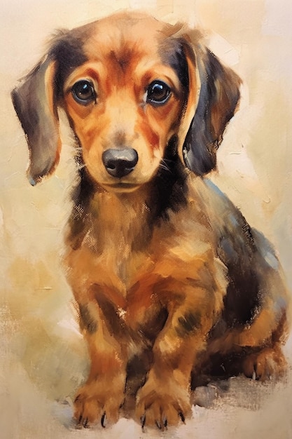 Peinture d'un petit chien assis sur une surface blanche