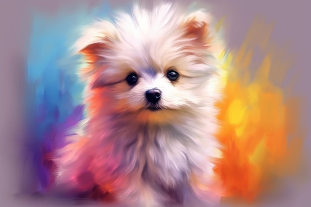 peinture d'un petit chien blanc avec un nez rose et des yeux bleus