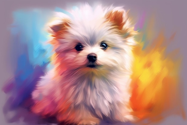 peinture d'un petit chien blanc avec des yeux bleus