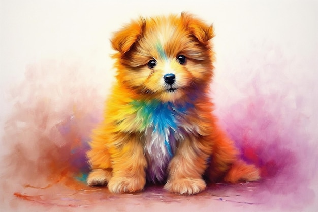 peinture d'un petit chien avec une teinture de cravate colorée sur sa poitrine