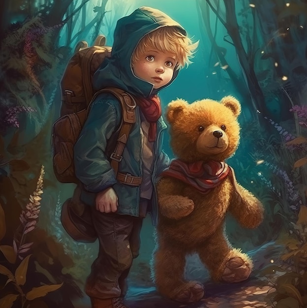 Une peinture d'un petit garçon avec un ours en peluche