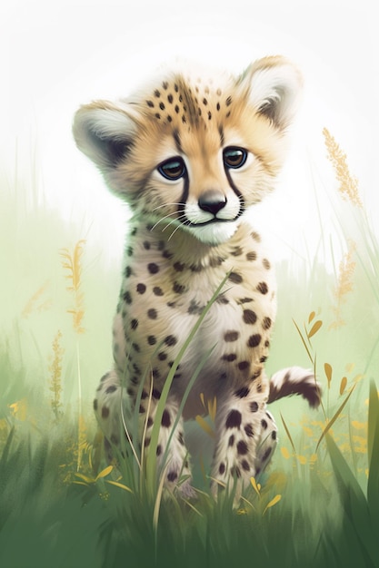 Peinture d'un petit guépard assis dans l'herbe générative ai