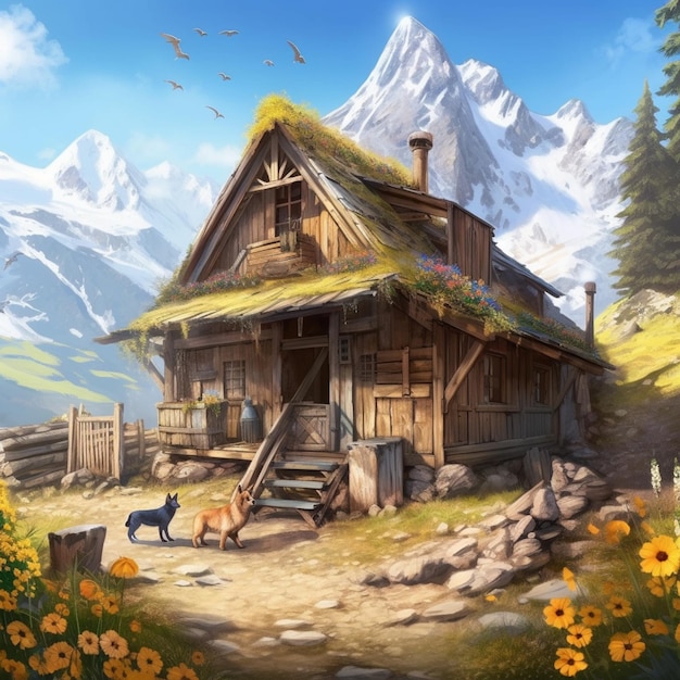 peinture d'une petite cabane avec un toit de chaume et un chien génératif ai.