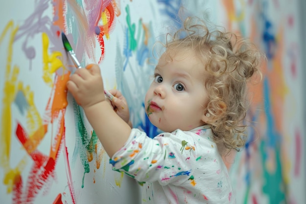 Photo peinture de petite fille bouclée et mignonne avec des peintures de couleur et un pinceau sur le mur œuvres d'un enfant