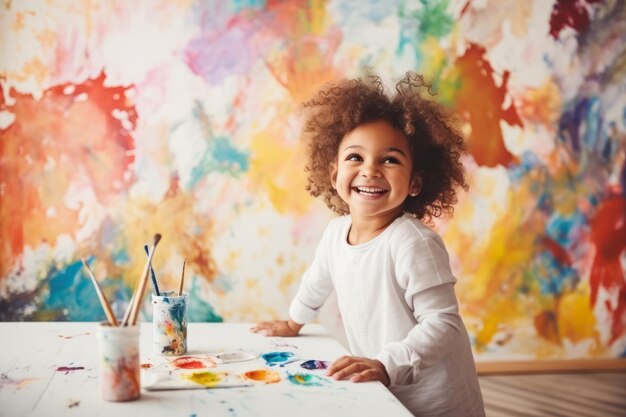 Photo peinture de petite fille bouclée et mignonne avec des peintures de couleur et un pinceau sur le mur.