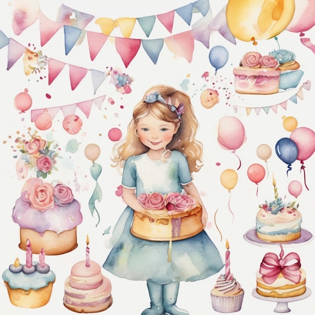 Photo une peinture d'une petite fille avec un gâteau et un gâteau avec un panier de fleurs