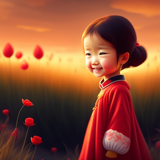 Une peinture d'une petite fille en robe rouge avec le mot coquelicots dessus.