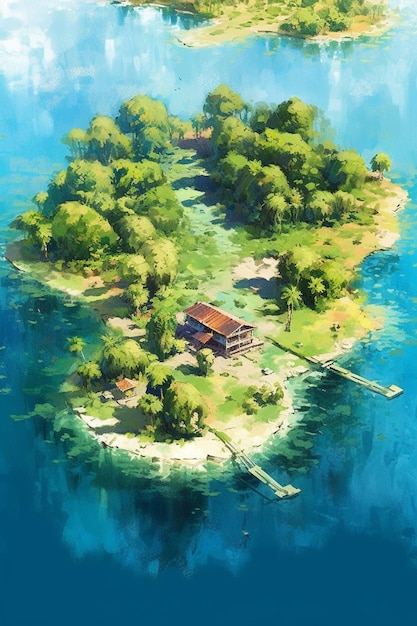 Peinture d'une petite île avec une maison dessus