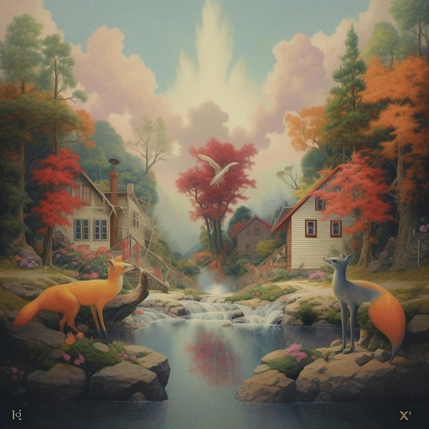 Une peinture d'une petite ville avec un renard et un ruisseau.