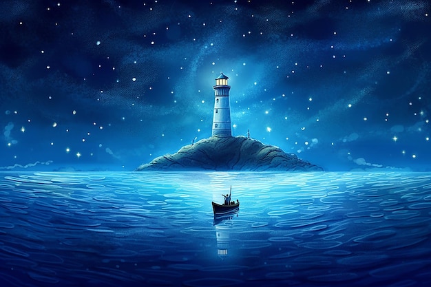 Une peinture d'un phare et d'un bateau une nuit étoilée