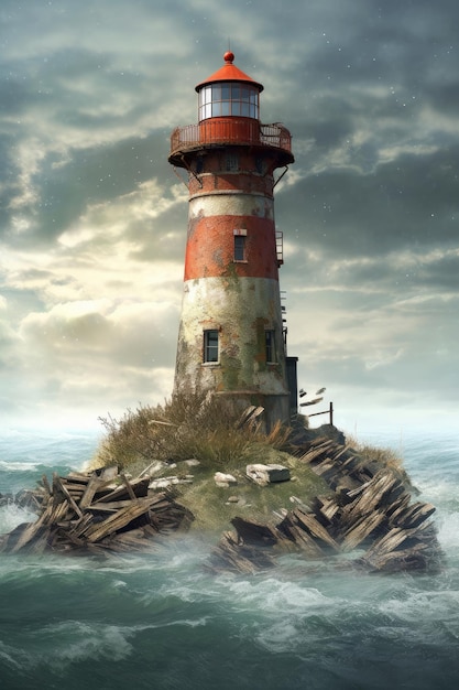 Une peinture d'un phare dans l'océan