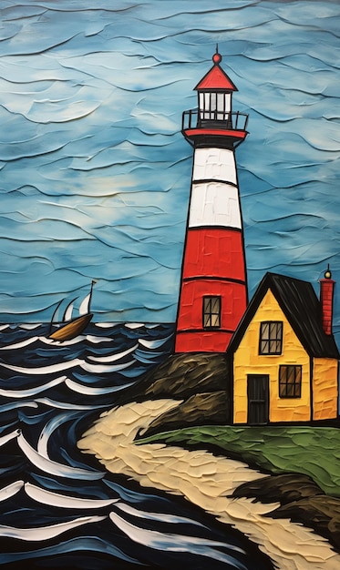 Peinture d'un phare sur une falaise avec un bateau dans l'eau