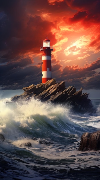 une peinture d'un phare sur une falaise avec l'océan en arrière-plan