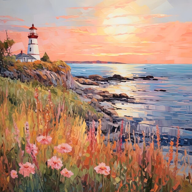 Photo une peinture d'un phare avec des fleurs et de l'herbe