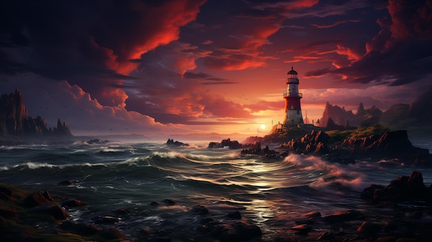 Peinture d'un phare sur une île rocheuse avec un coucher de soleil en arrière-plan ai générative