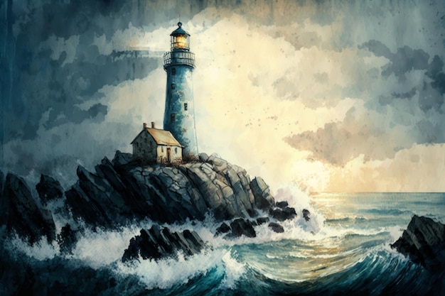 Une peinture d'un phare un jour de tempête