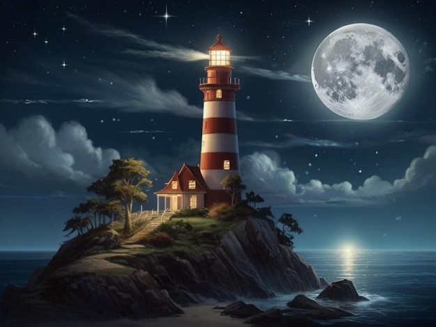 une peinture d'un phare avec la lune en arrière-plan