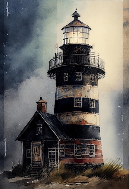 Une peinture d'un phare avec une maison en arrière-plan.