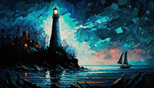 Une peinture d'un phare avec un navire en arrière-plan.