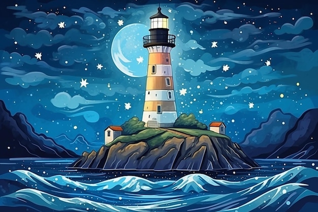 Une peinture d'un phare par une nuit nuageuse.