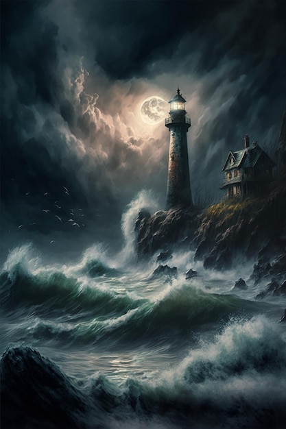 Peinture d'un phare par une nuit orageuse ai générative