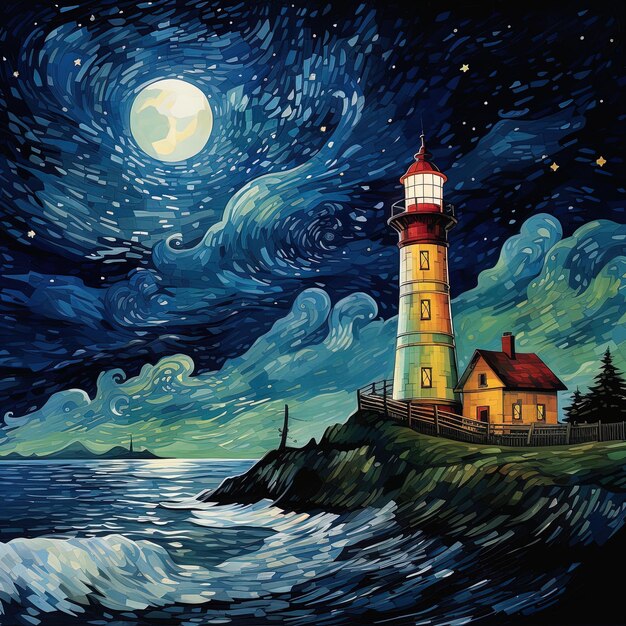 une peinture d'un phare avec une pleine lune en arrière-plan