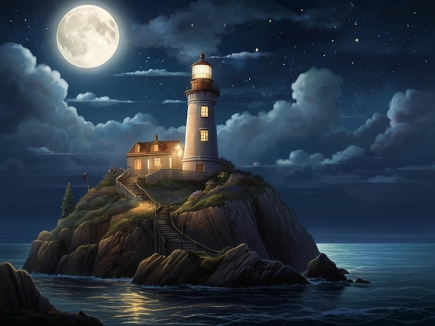 une peinture d'un phare avec une pleine lune en arrière-plan