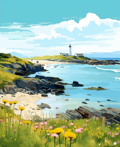 Photo peinture d'un phare sur un rivage rocheux avec des fleurs au premier plan