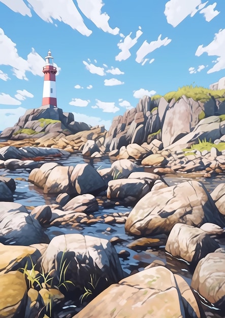 Peinture d'un phare sur une rive rocheuse avec un ciel bleu génératif ai