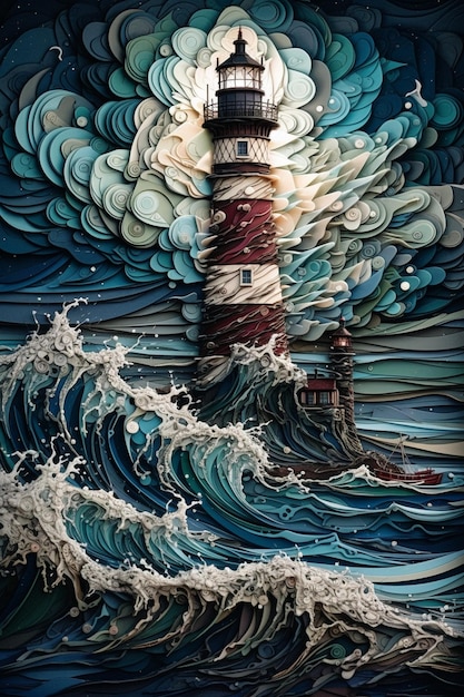 Une peinture d'un phare avec des vagues qui s'écrasent dessus.