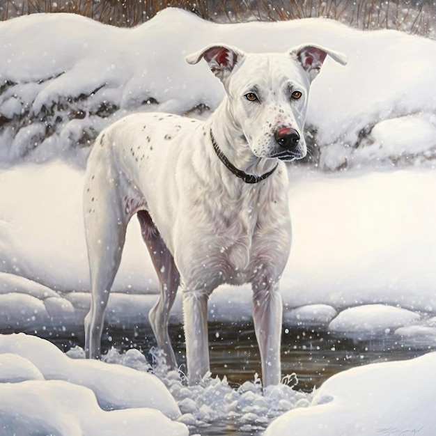 Peinture photoréaliste représentant un chien blanc dans un environnement enneigé AI générative