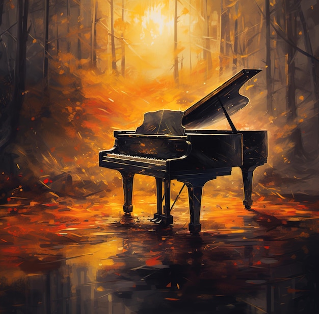 Photo une peinture d'un piano dans les bois avec les mots 