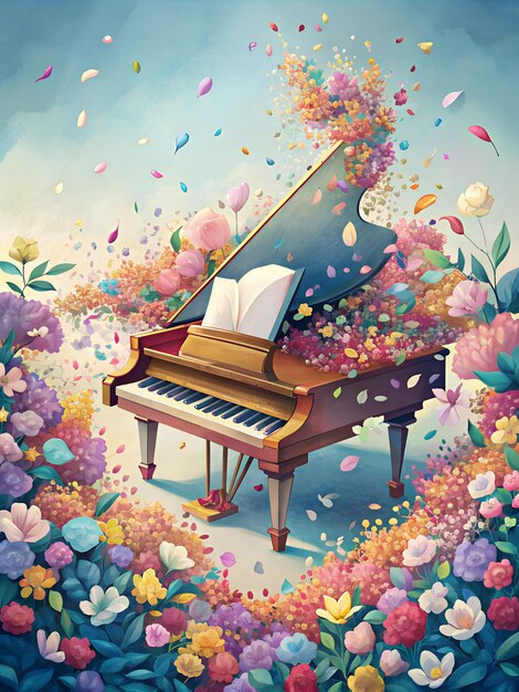 une peinture d'un piano avec des fleurs et une image d' un piano