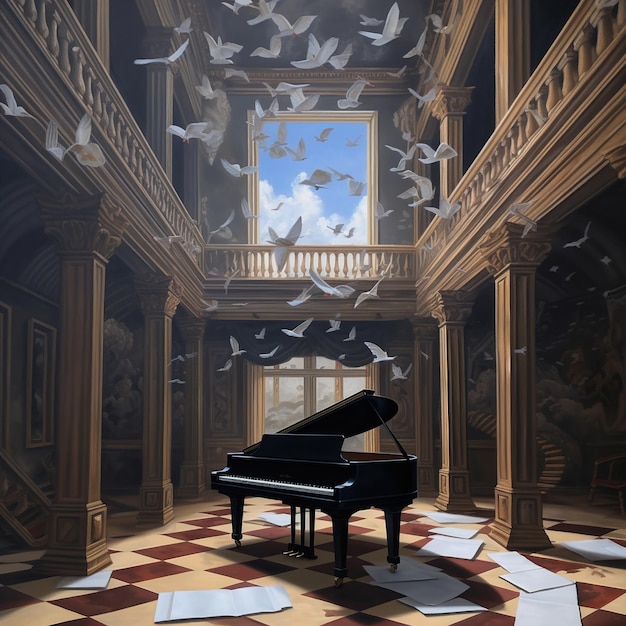 Une peinture d'un piano avec un groupe d'oiseaux blancs volant autour de lui