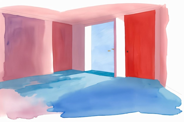 Une peinture d'une pièce aux murs rouges et bleus