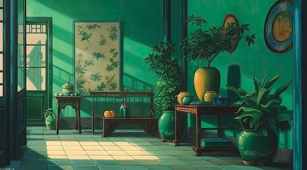 Une peinture d'une pièce avec un mur végétalisé et un vase avec des plantes tropicales dessus.