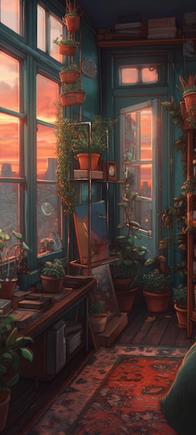 Une peinture d'une pièce avec des plantes au mur et une fenêtre avec un coucher de soleil en arrière-plan.