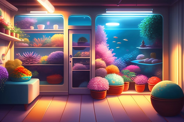 Une peinture d'une pièce avec des plantes et une fenêtre avec un aquarium.