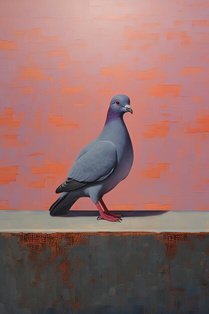 une peinture d'un pigeon avec un bec rouge et un fond rose