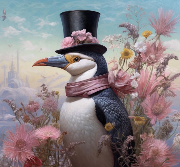 Peinture d'un pingouin portant un chapeau haut et une écharpe avec des fleurs.