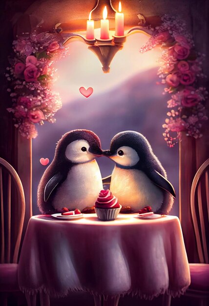 Une peinture de pingouins s'embrassant à une table avec un coeur en forme de coeur en arrière-plan.