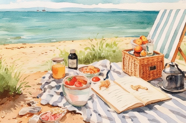 Peinture d'un pique-nique sur la plage avec un livre et un panier de fruits génératifs ai