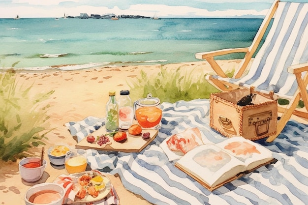 Peinture d'un pique-nique sur la plage avec un livre et un panier de pique-nic